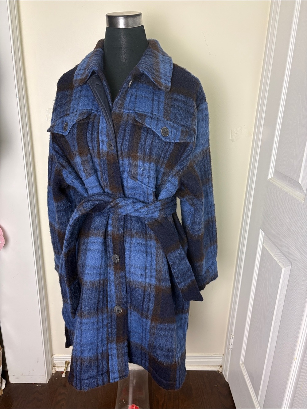 Vintage Blue and Brown Plaid Belted Pockets Outerwear Trench Coat